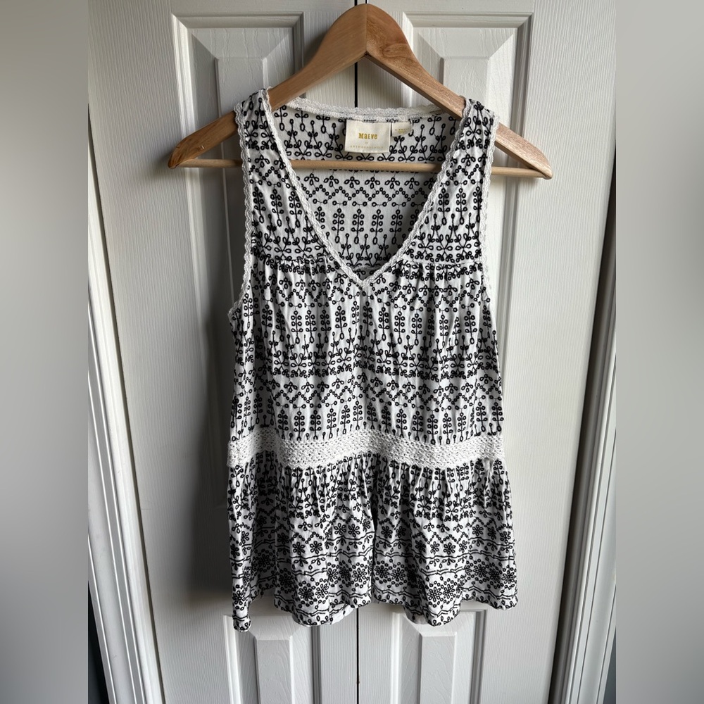 Maeve By Anthropologie White & Black Embroidered Peplum Tank Top Size X-Small